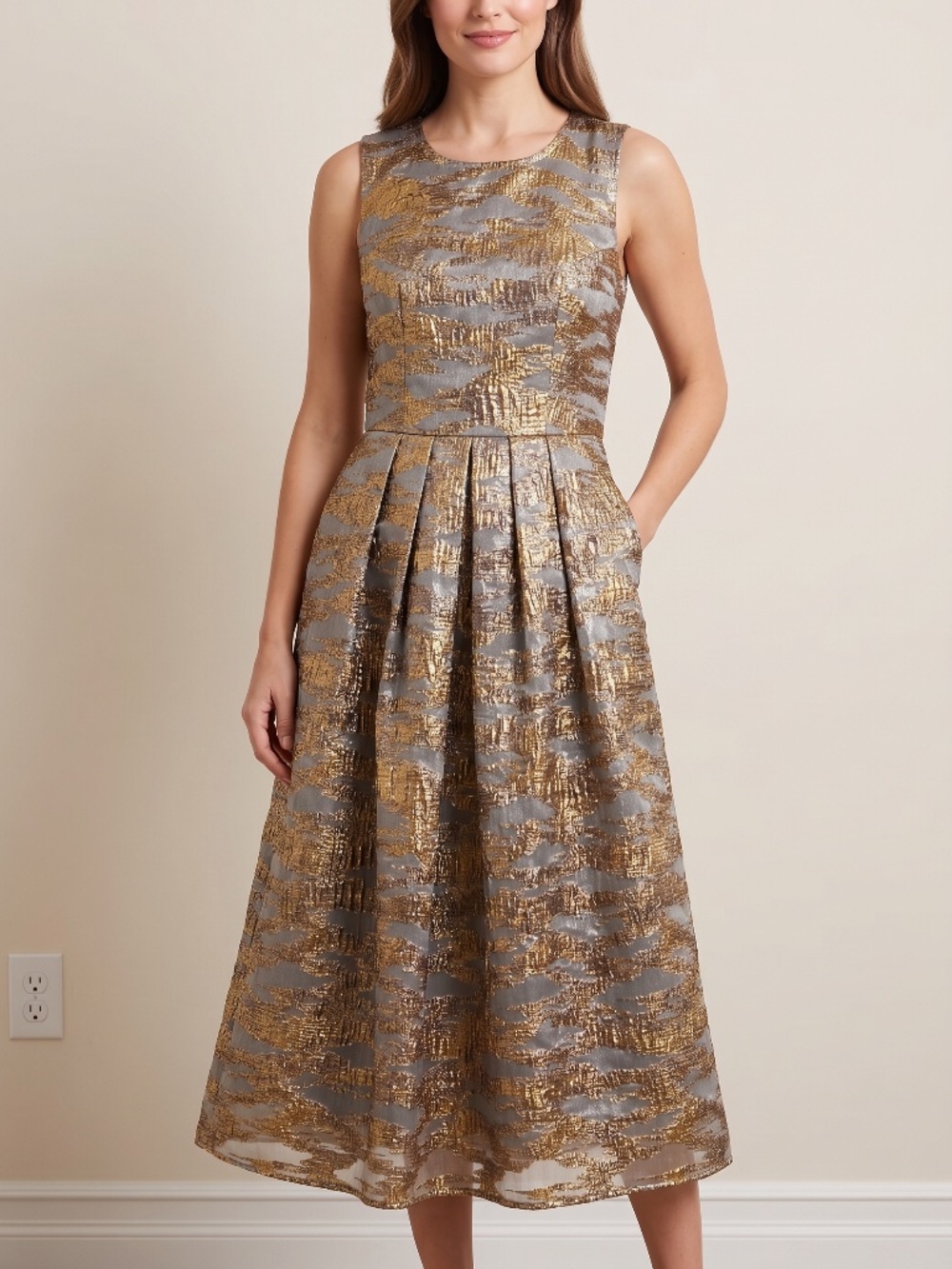 Donna Karan Gold Metallic Jacquard Pleated Midi Cocktail Dress